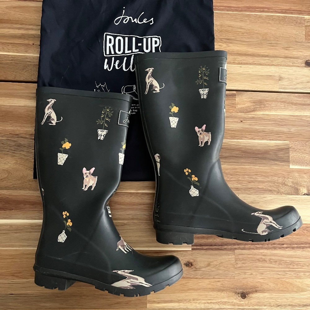 Joules Roll-Up Wellie Rain Boots Dog & Plant Print (Size 6)